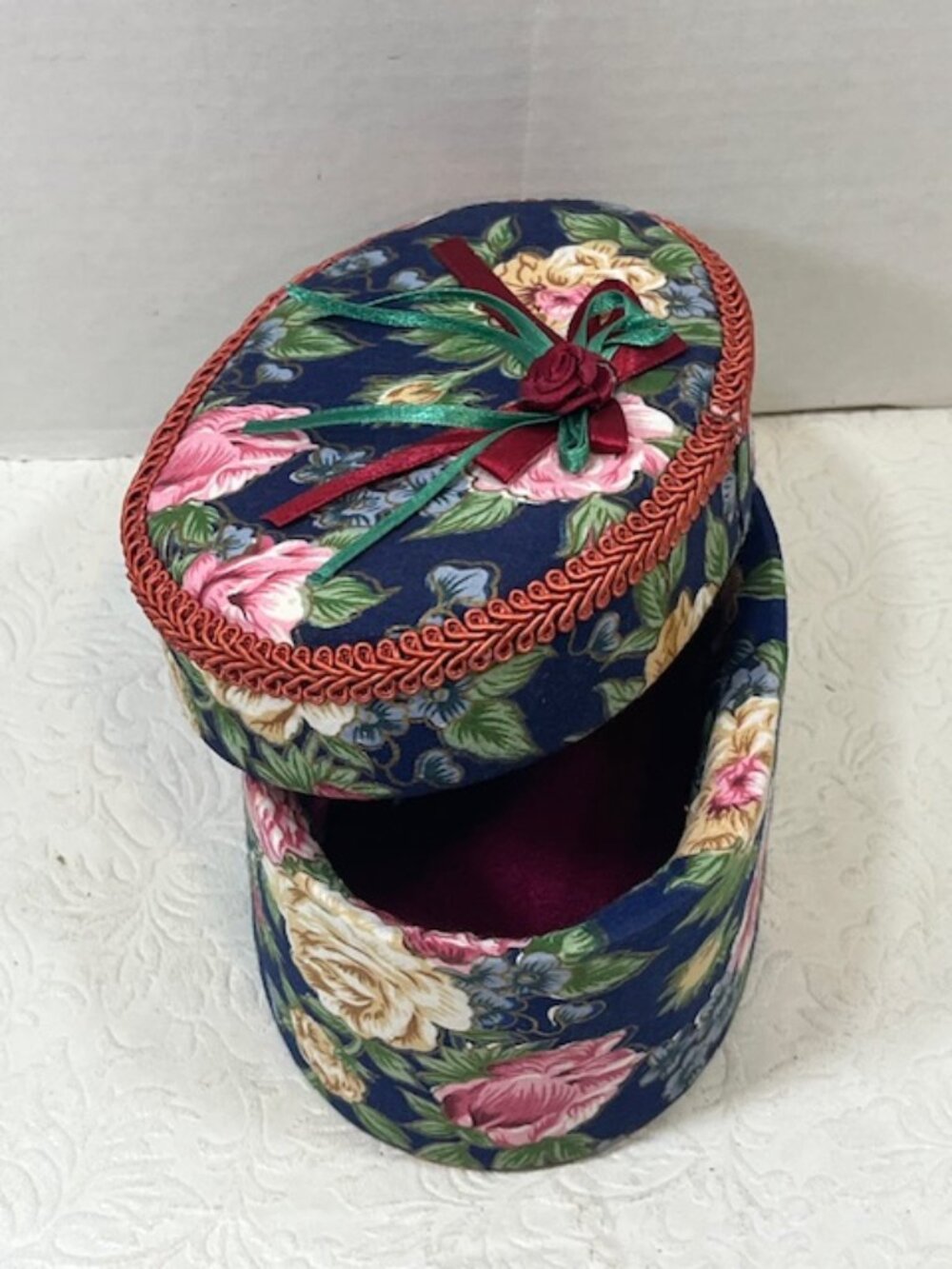 VTG Oval 2-Piece Floral Padded Fabric-Covered Storage Trinket Sewing JewelryBox